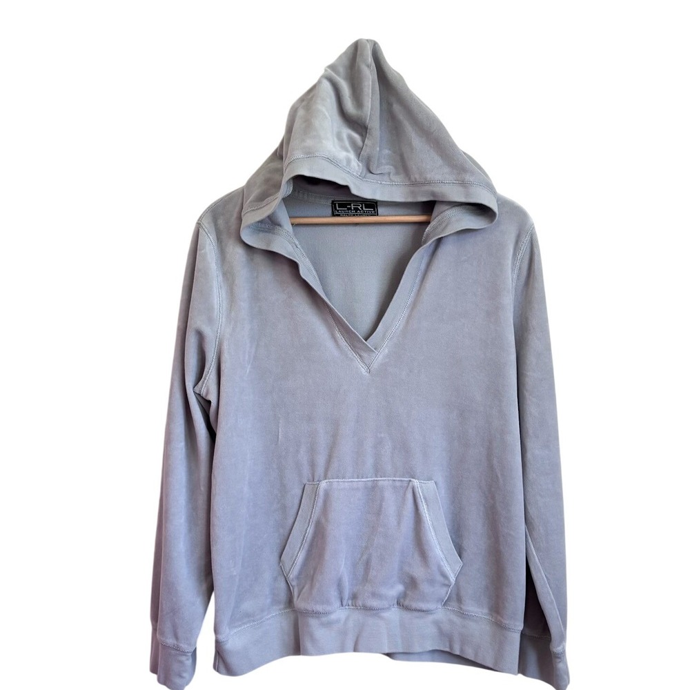 Ralph Lauren Womens‎ Velour V-Neck Sporty Hoodie Large Gray Pullover Activewear
